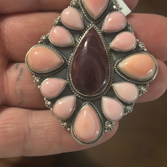 STERLING SILVER NATIVE AMERICAN SIGNED PINK CONCH PURPLE SPINY OYSTER PENDANT - Picture 6 of 9